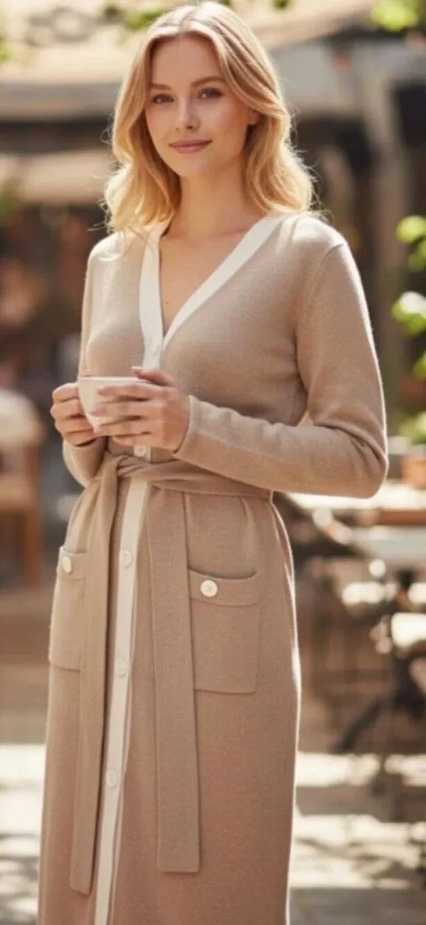 CAbi Genteel Sweater Tan/Ivory Belted Cardigan Sz M Old Money, Classic, Elegant
